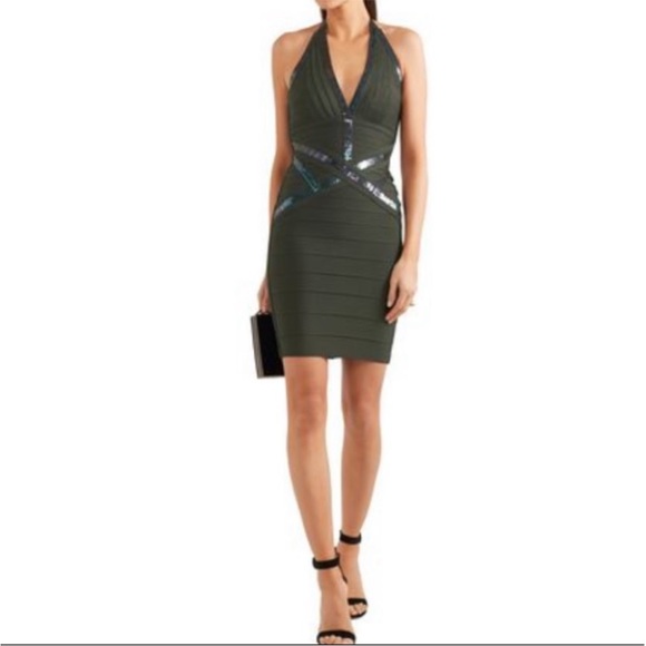 Herve Leger Kaitlyn Sequin Bandage Halter neck Mini Dress Army Green Small - Picture 2 of 7